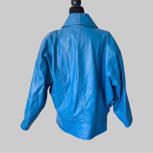 Vintage 80s BB Dakota Blue Leather Bomber Moto Jacket Made in Canada - Picture 3 of 16